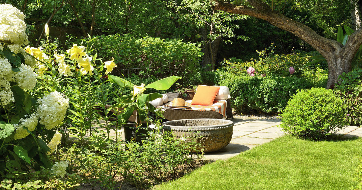 Decorative cast stone planter next to rattan sun loungers under old apple tree